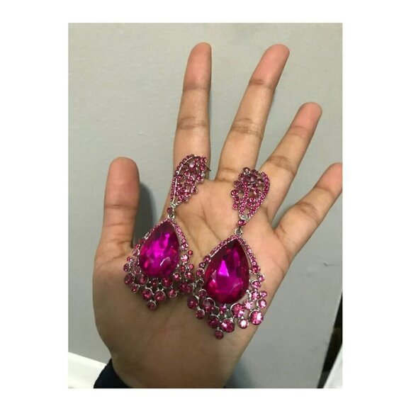 Dark pink earring Fuchsia crystal magenta teardrop earrings pink long earring - Picture 5 of 9